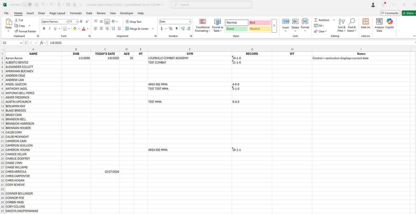 Boxing/MMA Excel Spreadsheets