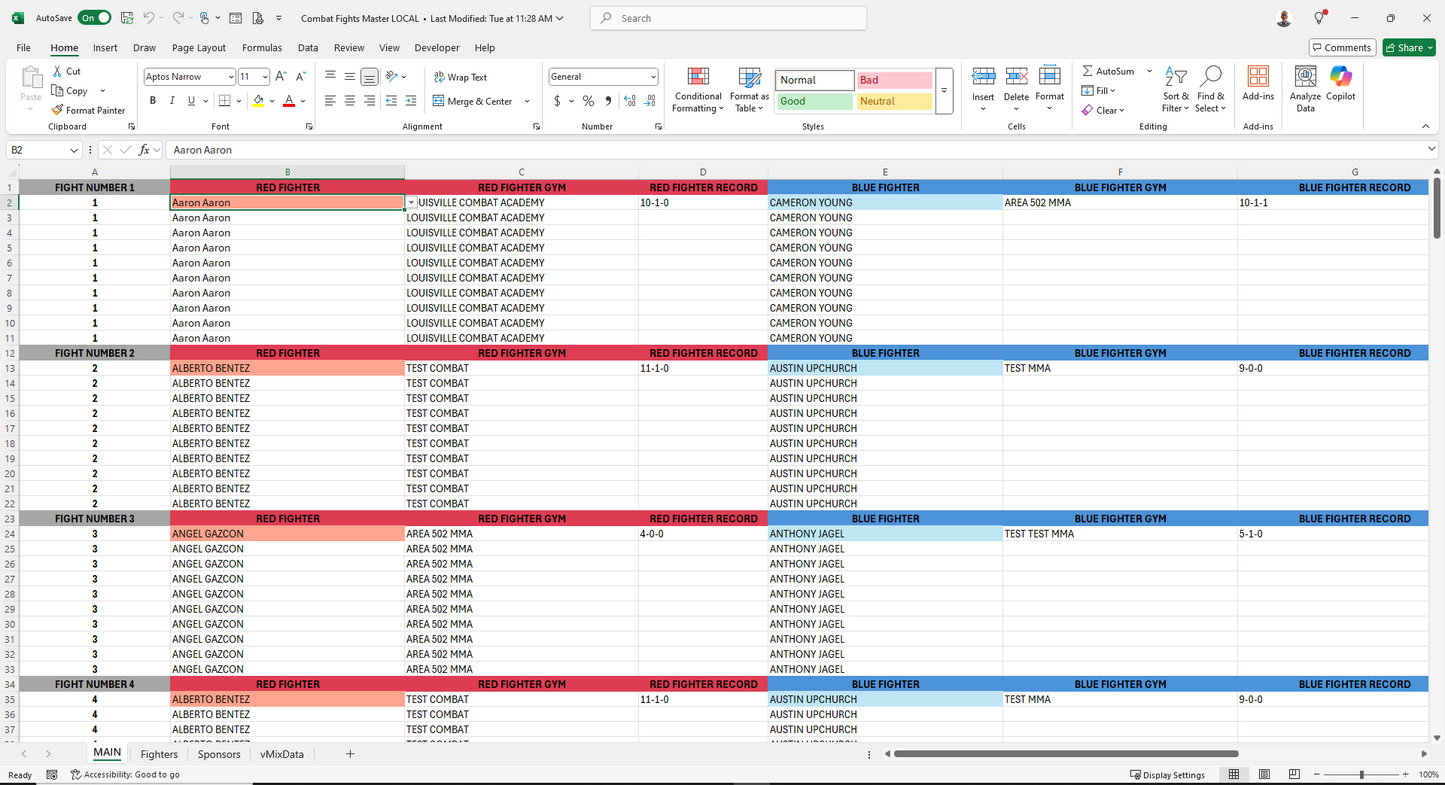 Boxing/MMA Excel Spreadsheets