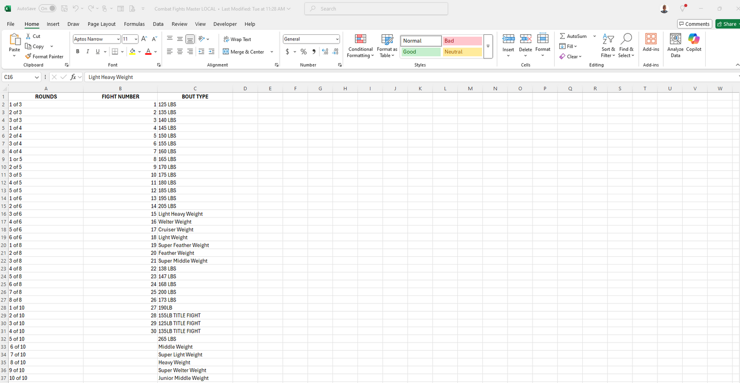 Boxing/MMA Excel Spreadsheets